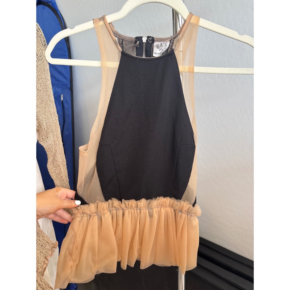 vintage Peplum Top Mesh Panel Tulle Ruffle Sleeveless Black Tan Angel Biba
